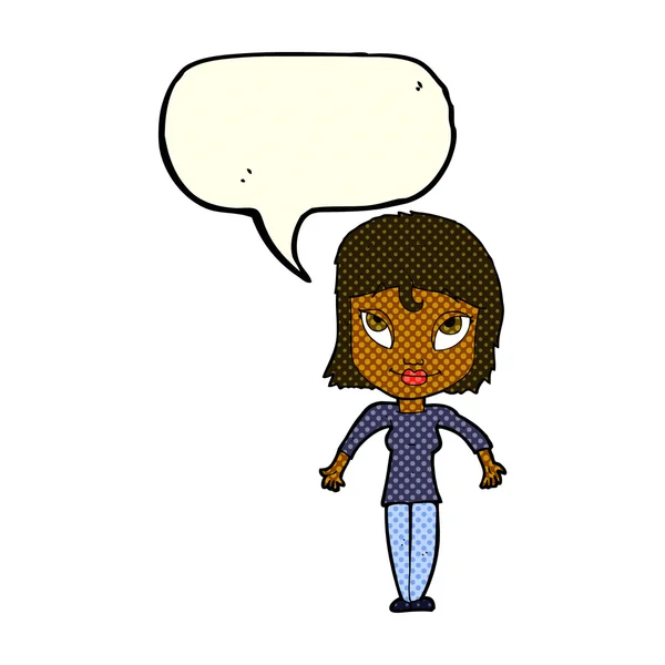 Cartoon meisje shrugging schouders met spraak zeepbel — Stockvector