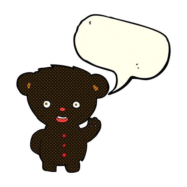 Cartoon wuivende zwarte beer cub met tekstballon — Stockvector