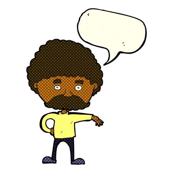 Homem dos desenhos animados com bigode fazendo gesto acampamento com bolha de fala —  Vetores de Stock