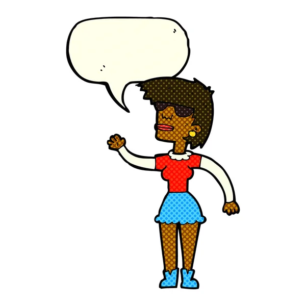 Mujer de dibujos animados en gafas ondeando con la burbuja del habla — Archivo Imágenes Vectoriales