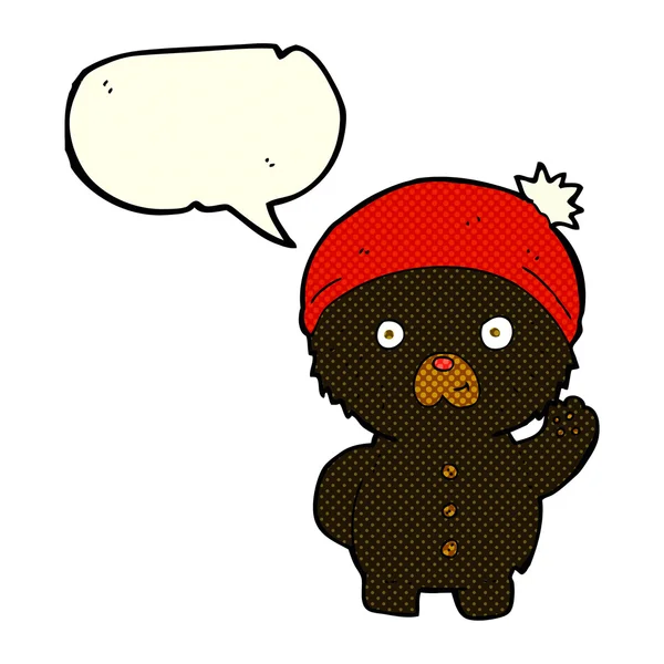 Dessin animé agitant ours en peluche noir en chapeau d'hiver avec bulle de parole — Image vectorielle