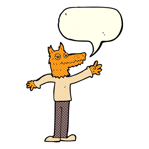 Cartoon waving fox with speech bubble — Stock Vector