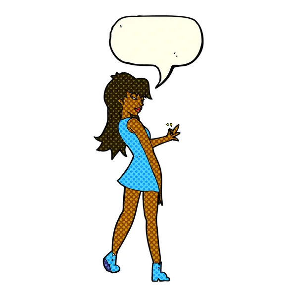 Femme dessin animé posant en robe avec bulle de parole — Image vectorielle