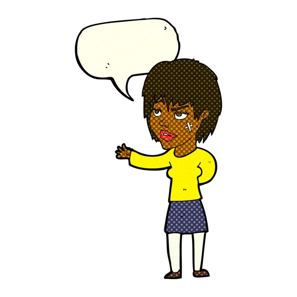 Mujer de dibujos animados con yeso pegado en la cara con la burbuja del habla — Vector de stock