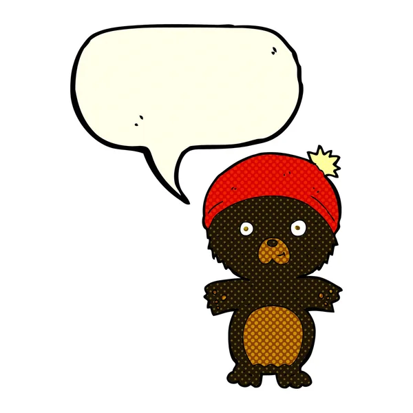 Dibujos animados lindo oso negro en sombrero con burbuja de habla — Vector de stock
