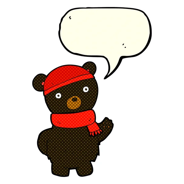 Cartoon black bear in winter hat and scarf with speech bubble — Stock Vector