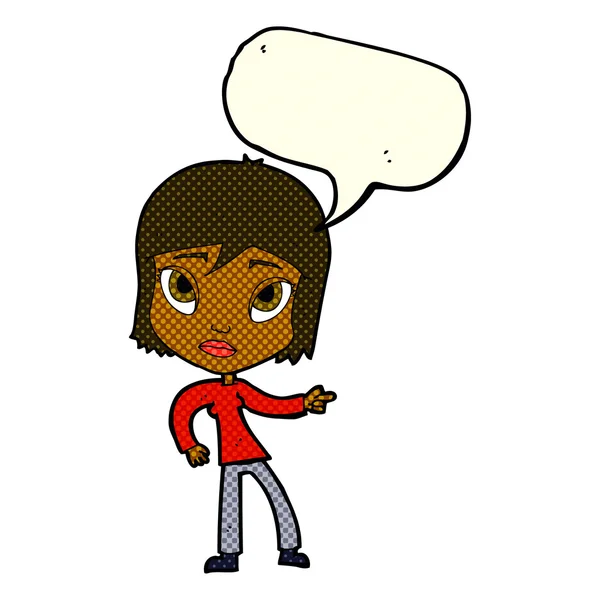 Cartoon apontando mulher com bolha de fala — Vetor de Stock