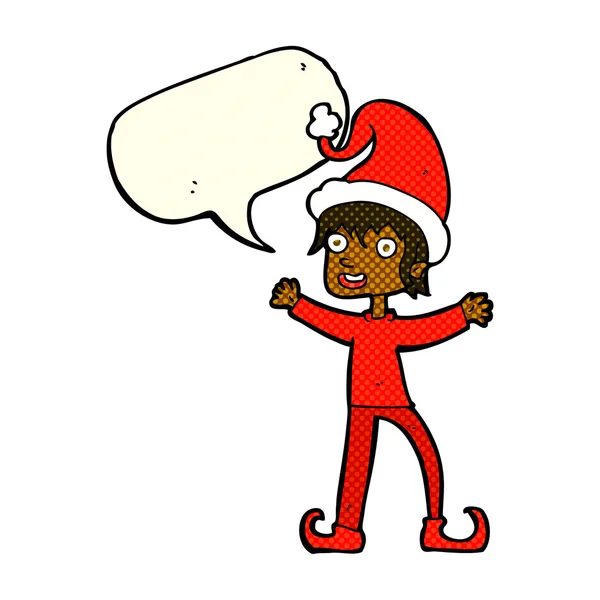 Dessin animé excité elfe de Noël avec bulle de parole — Image vectorielle