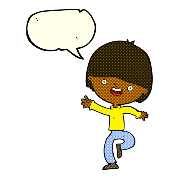 Desenho animado menino feliz dançando com bolha de fala — Vetor de Stock