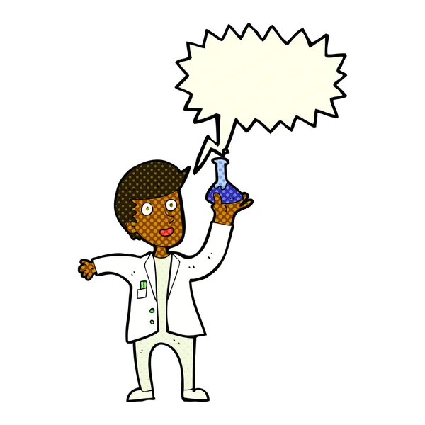 Cartoon happy scientist with speech bubble — Stock Vector