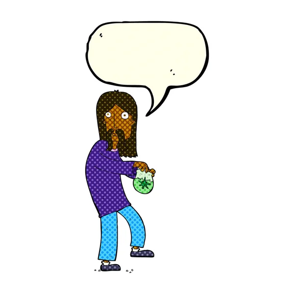 Desenho animado hippie homem com saco de erva daninha com bolha de fala — Vetor de Stock