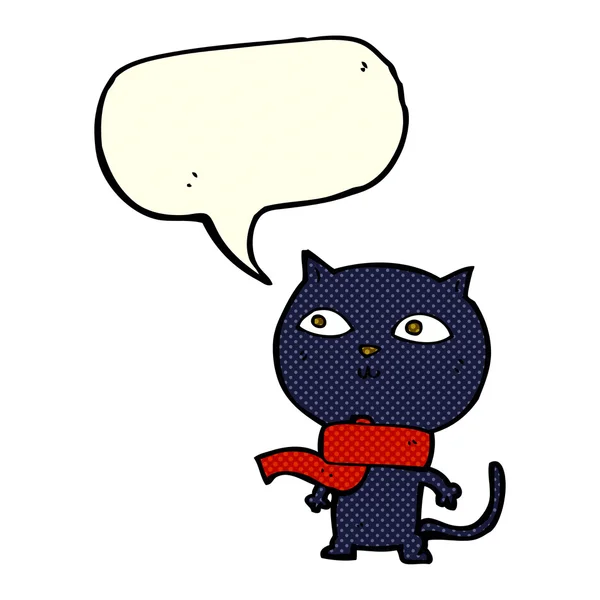 Tegneseriefigur svart katt med skjerf med taleboble – stockvektor