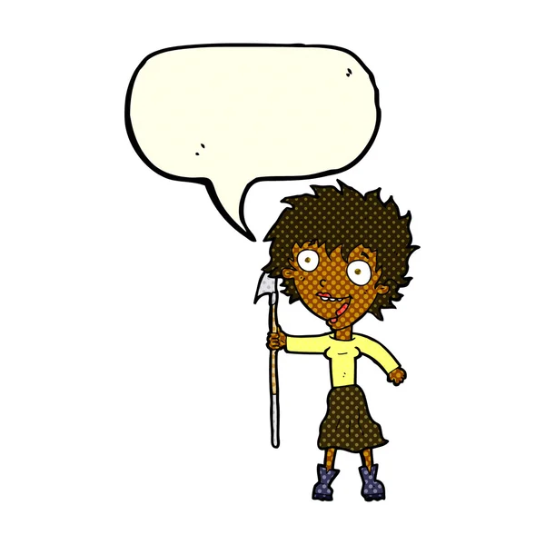 Cartoon gek vrouw met speer met tekstballon — Stockvector