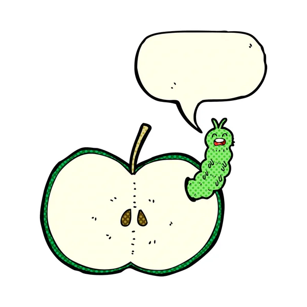 Insetto del fumetto che mangia mela con la bolla di discorso — Vettoriale Stock