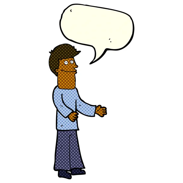 Καρτούν άνθρωπος shrugging ώμους με φούσκα ομιλία — Διανυσματικό Αρχείο
