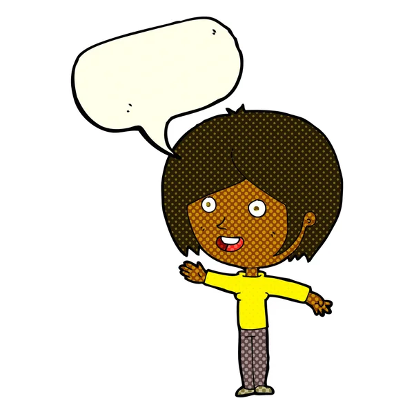 Desenho animado menina feliz acenando com bolha de fala — Vetor de Stock