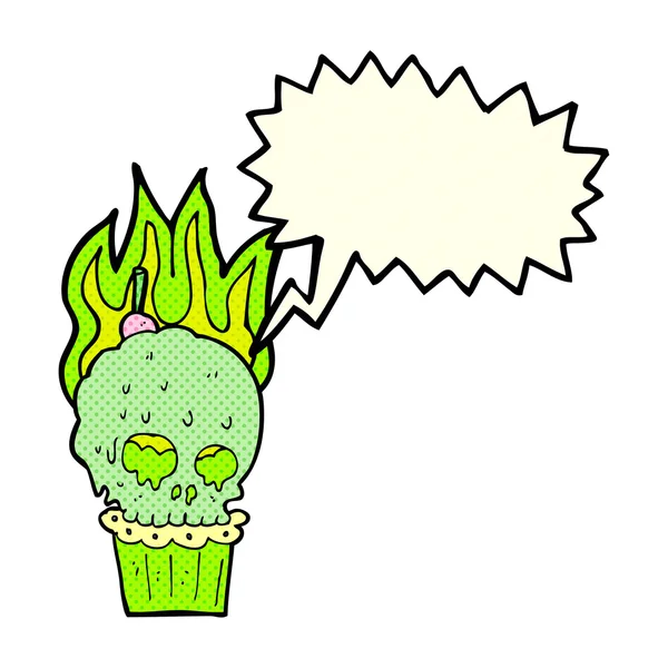 Cartoon spooky skull cupcake with speech bubble — Stock Vector