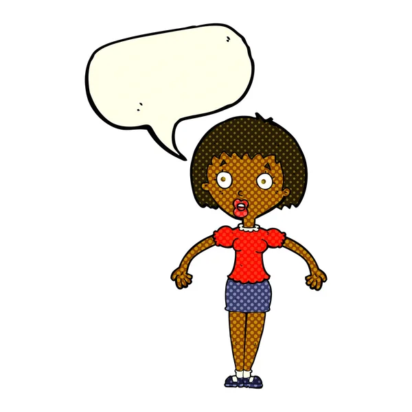 Cartoon mulher confusa encolhendo ombros com bolha de fala — Vetor de Stock