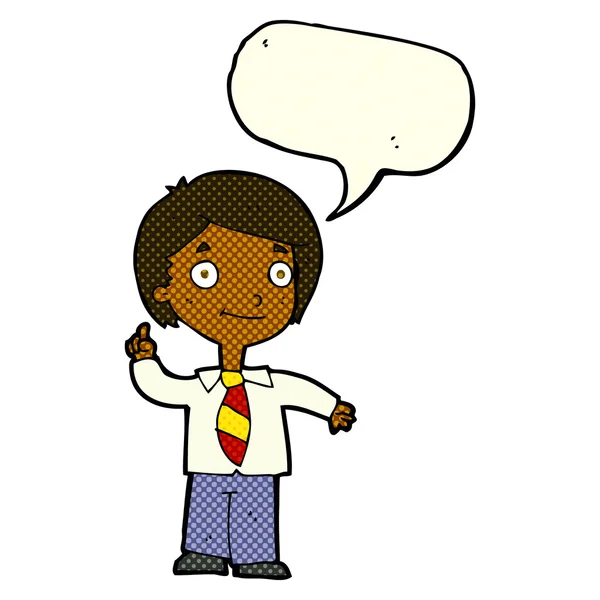 Cartoon school boy answering question with speech bubble — Stock Vector