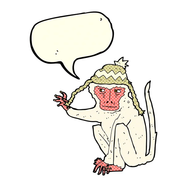 吹き出しのついた帽子を身に着けている漫画猿 — ストックベクタ
