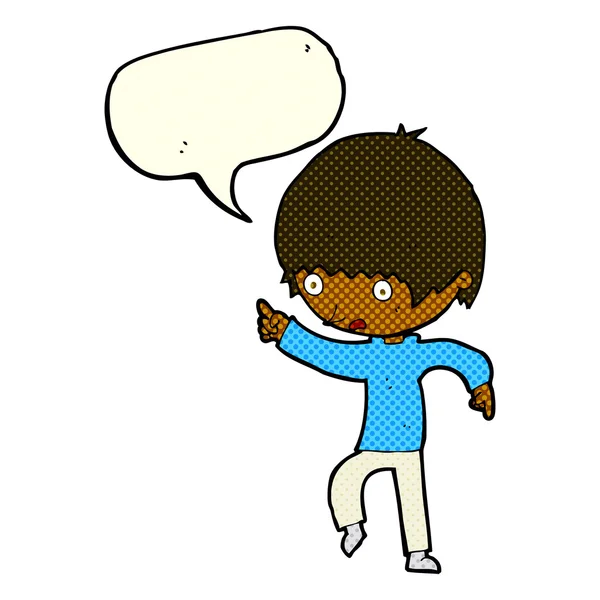 Cartoon worried boy pointing with speech bubble — Stock Vector