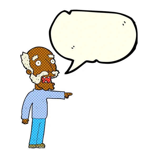 Karikatur erschreckt alten Mann, der mit Sprechblase zeigt — Stockvektor