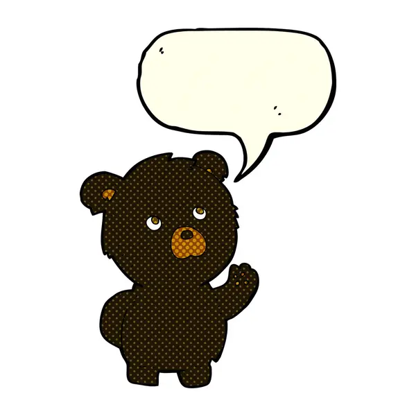 Cartoon waving black bear with speech bubble — Stock Vector