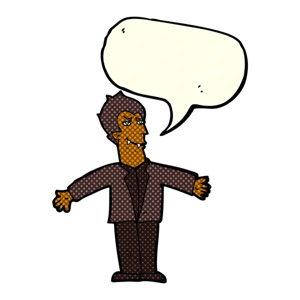 Κινουμένων σχεδίων βαμπίρ άνθρωπος με ανοιχτές αγκάλες με φούσκα ομιλία — Διανυσματικό Αρχείο