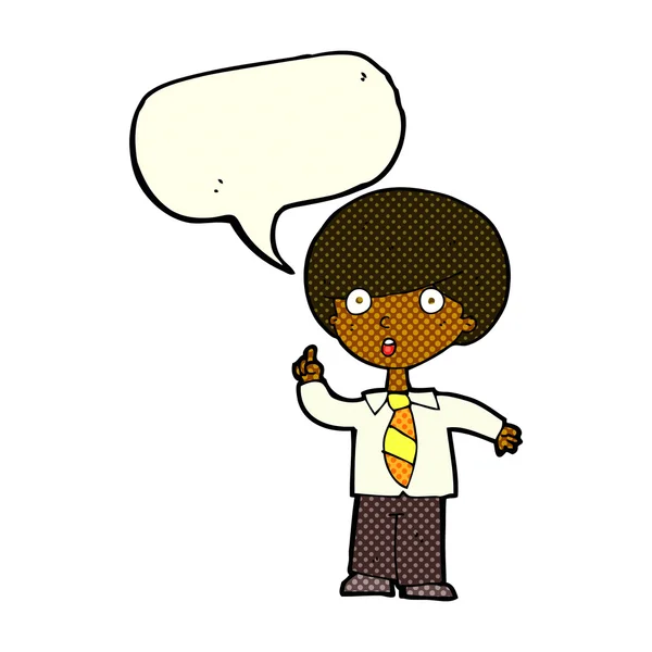 Cartoon school boy answering question with speech bubble — Stock Vector