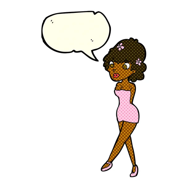 Mujer de dibujos animados posando en vestido con burbuja de habla — Archivo Imágenes Vectoriales