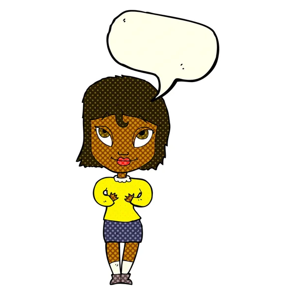 Cartoon woman gesturing at self with speech bubble — Stock Vector