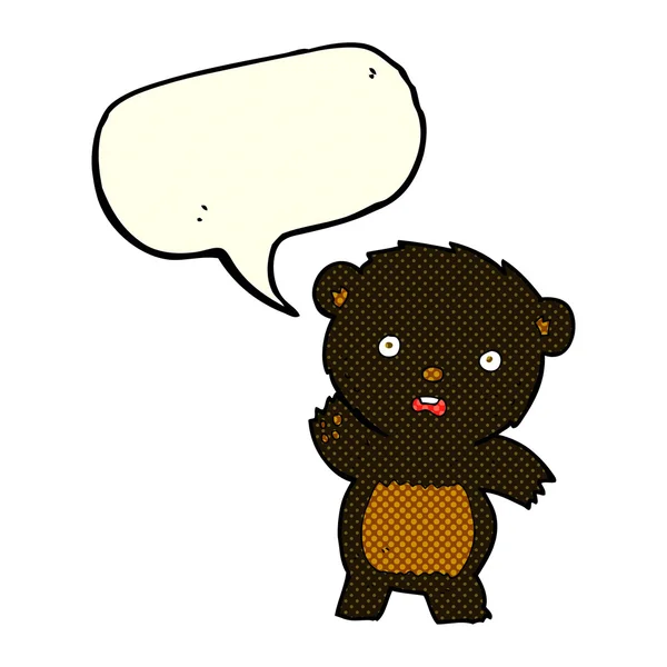 Cartoon waving black bear cub with speech bubble — Stock Vector