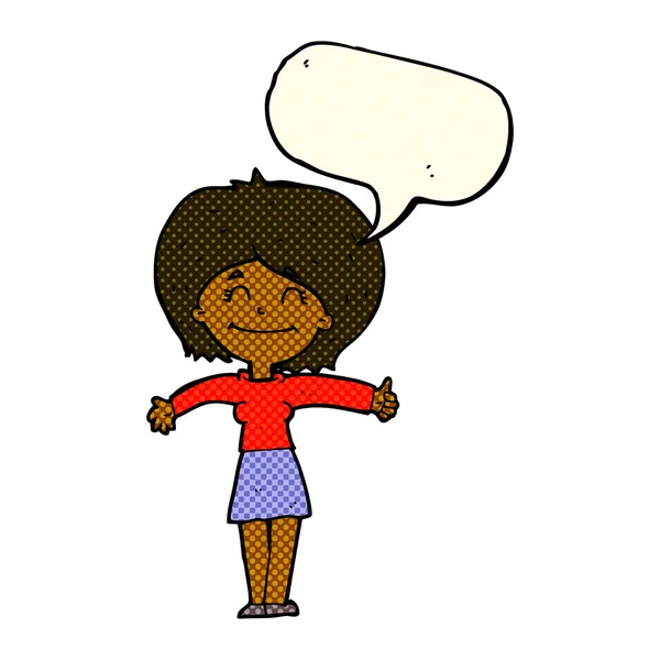 Cartoon woman giving thumbs up sign with speech bubble — Stock Vector