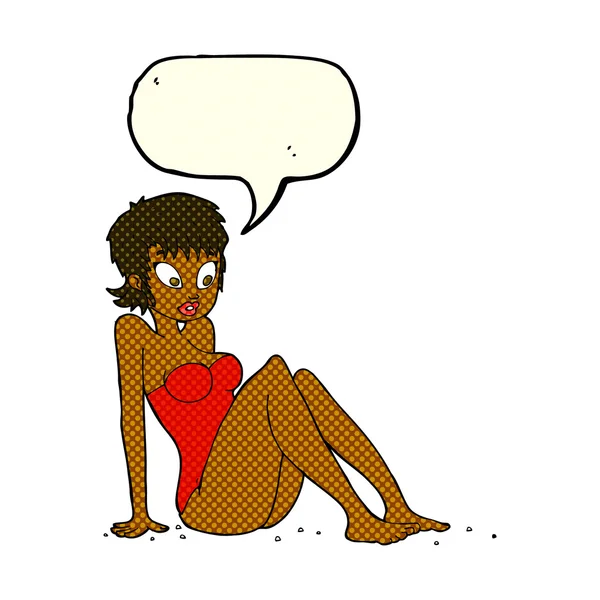 Cartoon-Frau im Badeanzug mit Sprechblase — Stockvektor
