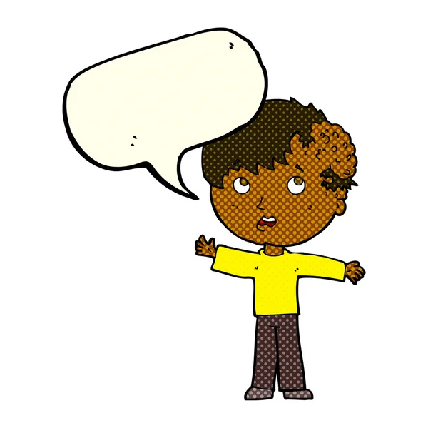 Tecknad pojke med tillväxt på huvudet med tal bubbla — Stock vektor