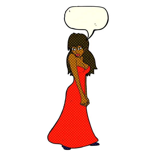 Dibujos animados mujer bonita en vestido con burbuja de habla — Archivo Imágenes Vectoriales
