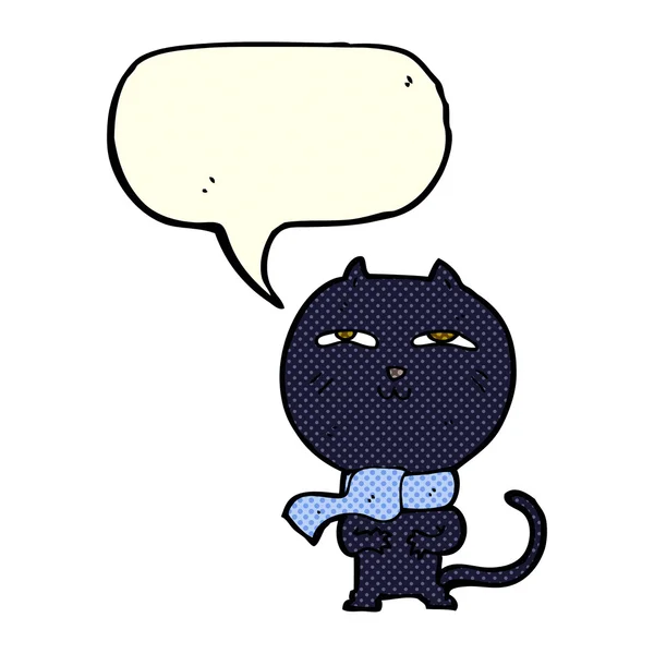 Desenho animado gato engraçado usando cachecol com bolha de fala —  Vetores de Stock