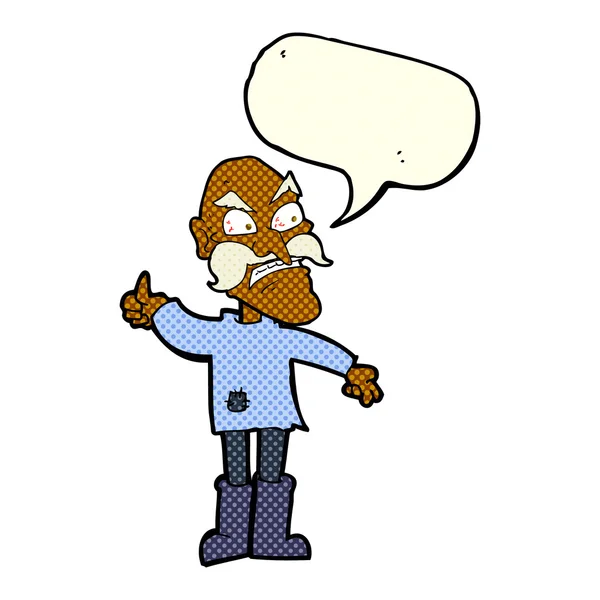 Karikatur wütender alter Mann in geflickter Kleidung mit Sprechblase — Stockvektor