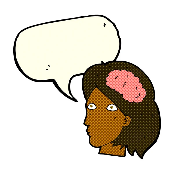 Cartone animato testa femminile con simbolo del cervello con bolla vocale — Vettoriale Stock