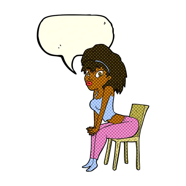 Cartoon mulher posando na cadeira com bolha de fala — Vetor de Stock