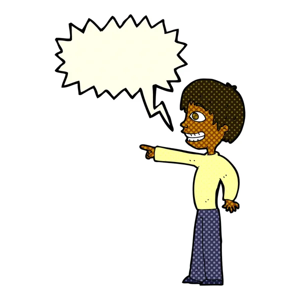 Karikatur grinsender Junge zeigt mit Sprechblase — Stockvektor