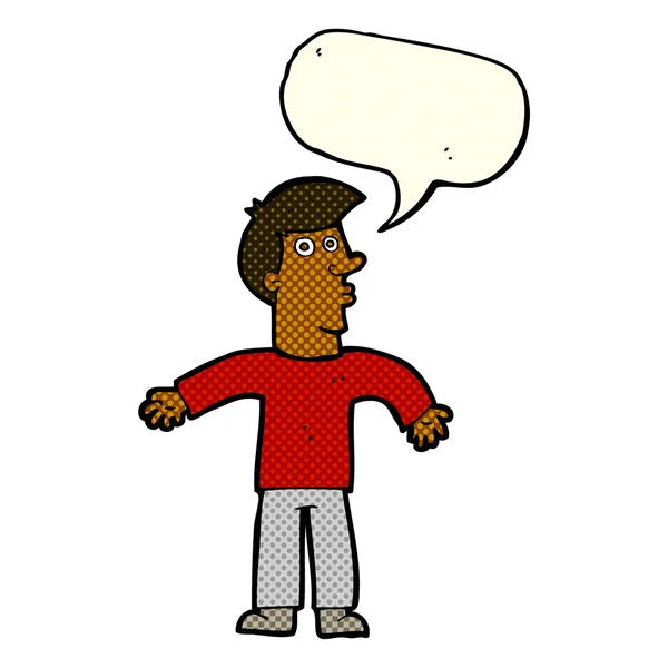 Cartoon man schouders ophalen met spraakzeepbel — Stockvector