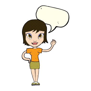 Çizgi film kadını konuşma balonuyla el sallıyor.