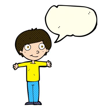 çizgi film mutlu çocuk konuşma baloncuğu ile kollarını açık