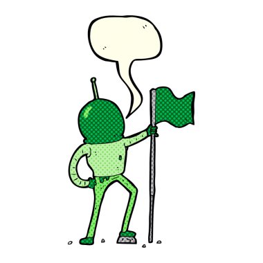 karikatür astronotu konuşma baloncuğu ile bayrak dikiyor