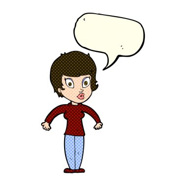 Çizgi filmdeki kadın konuşma balonuyla omuz silkiyor.