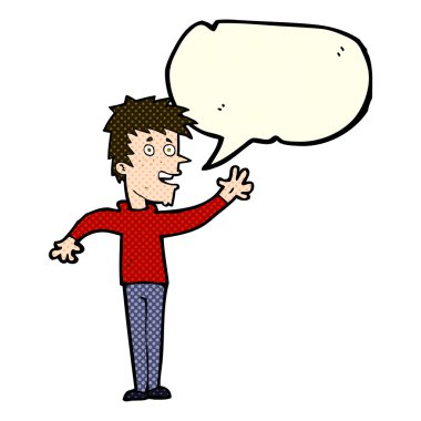 çizgi film mutlu çocuk konuşma balonuyla el sallıyor