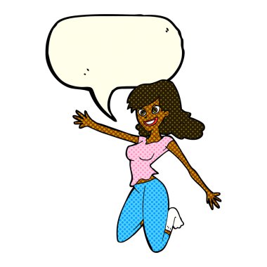 Konuşma baloncuğu olan çizgi film zıplayan kadın