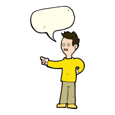 Şok olmuş çocuk konuşma balonunu işaret ediyor.