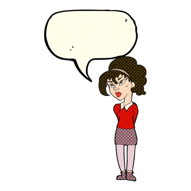 Çizgi filmdeki güzel kız başını konuşma baloncuğuyla eğiyor.